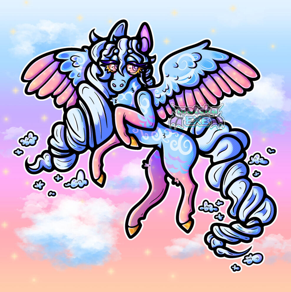 Full-body digital art of a light coloured pegasus. They are facing towards the left side of the image and flying with a stoic expression. They have mostly light blue fur with an even lighter blue swirl pattern across their back, flank, outer wings, and che
