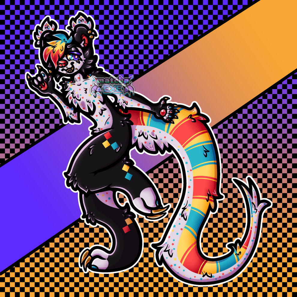 Full-body digital art of an anthropomorphic binturong standing on his right leg with his left leg bent up pressed against itself. His right arm is folded up with his hand making a devil horns sign while the other arm is stretched out behind him. He has a l