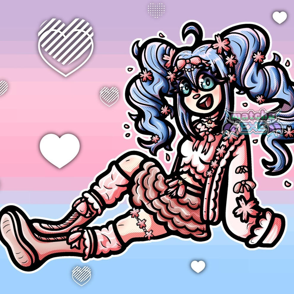 Full-body digital art of a girl sitting down with one leg out and one leg bent. Her arm is holding her up and she is smiling at the viewer with an open mouth. She has long and curly blue twintails and bright teal eyes. Her hair and outfit are decorated wit