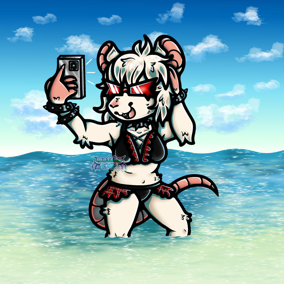 Knee-up digital art of an anthropomorphic, white-furred rat girl standing in the ocean against a bright blue sky. Several white clouds dot the sky and the ocean shimmers in blues and greens. Her tail, hands, nose, mouth, and inner ears are a light pink. Sh
