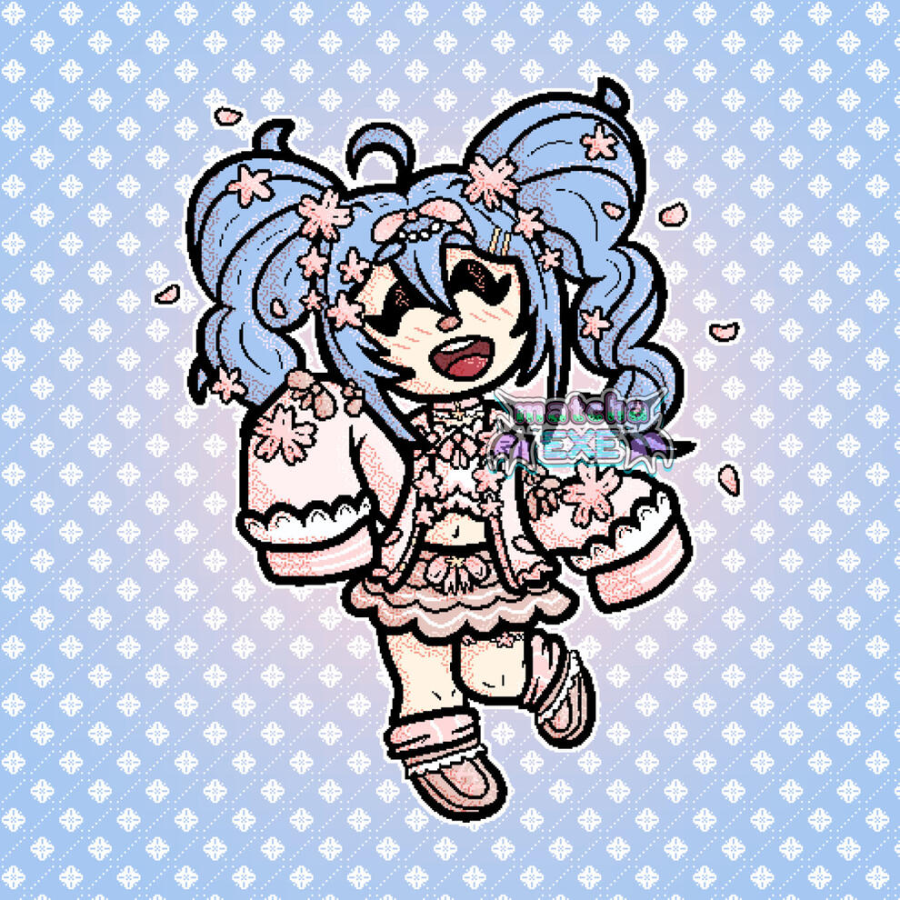 Full-body digital art of a girl with long, curly, and blue twintails. She is standing on her right leg with the other bent up behind her. Her right arm is raised while the other is bent at her side. She is wearing an all pink outfit including boots, legwar