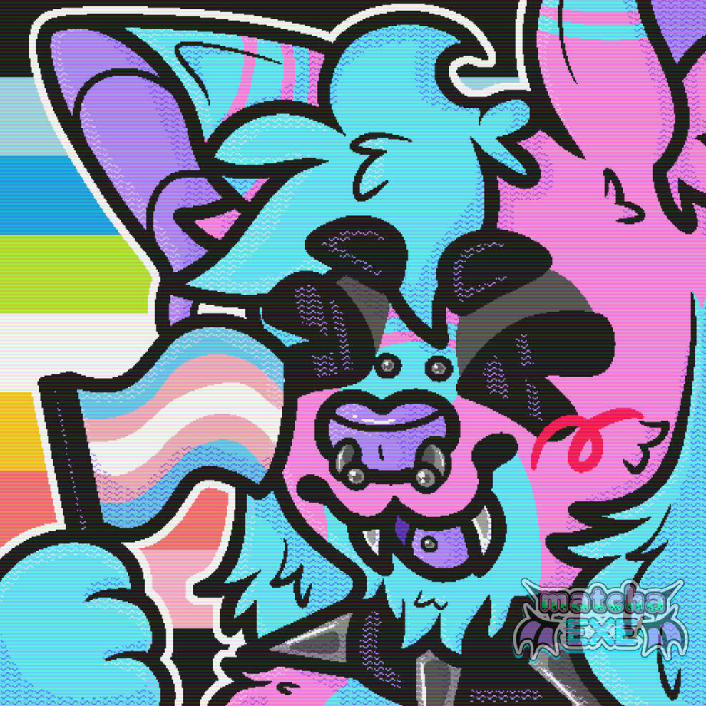 Digital art of an anthropomorphic pink, blue, and purple bat waving a small transgender pride flag. They are smiling with an open mouth and closed eyes. They have several silver piercings in their tongue and nose. The background of the image is the queer f