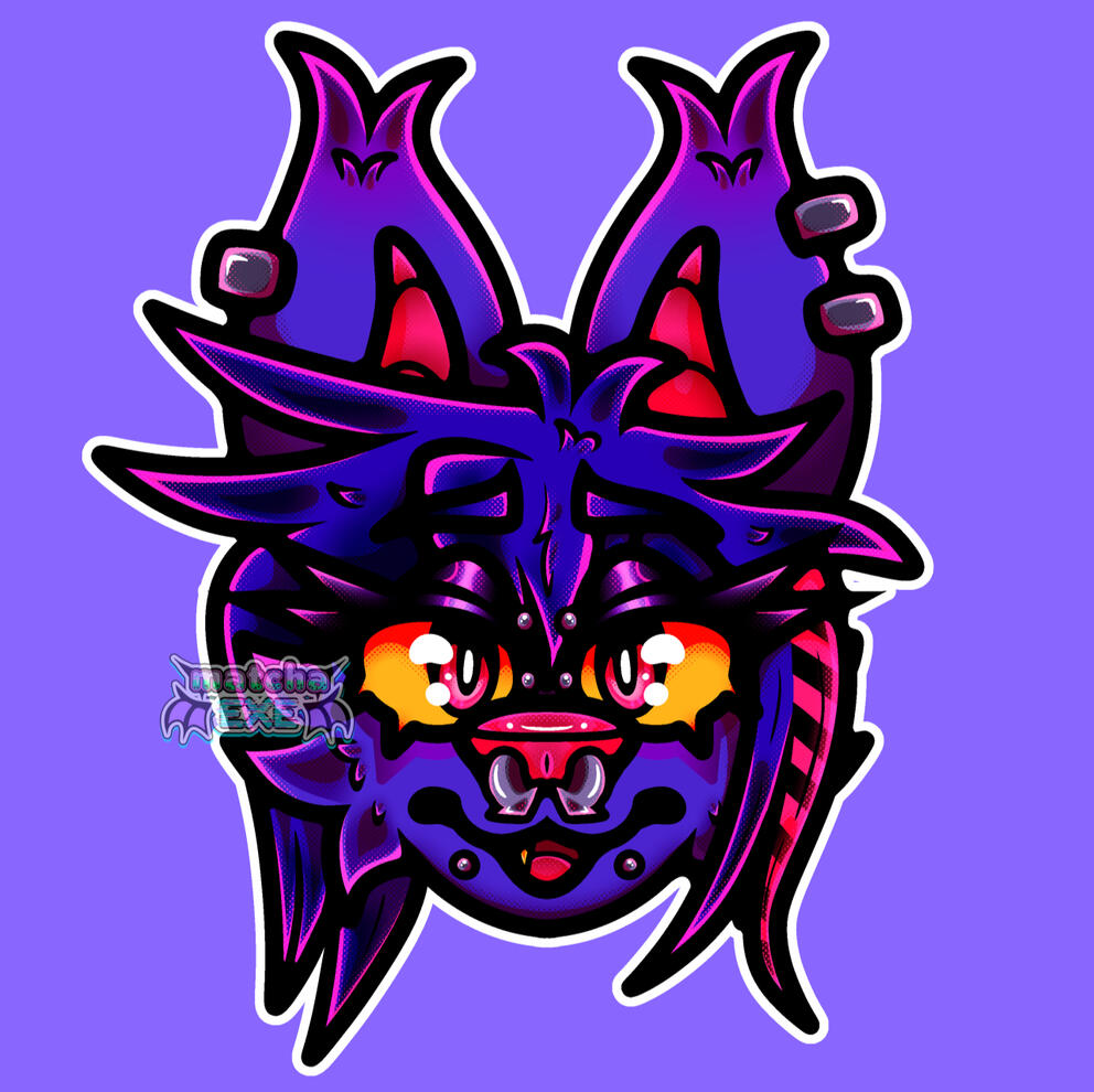 A symmetrical digital headshot of an anthropomorphic sparkledog. It is smiling at the viewer with an open mouth. It has blueish purple fur with blue hair and purple accents on it's ears and under it's eyes. It's eyes are yellow with pink iris'. It's nose a