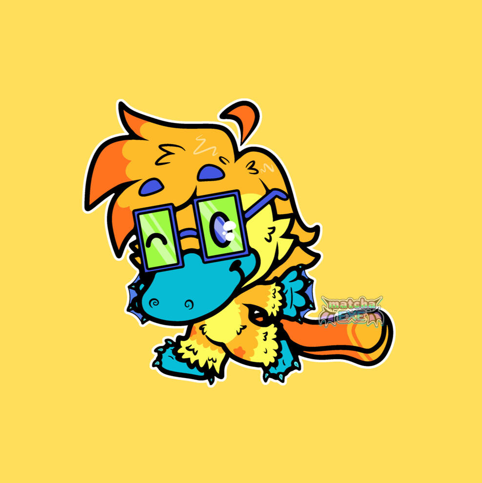 Full-body chibi digital art of a platypus standing with their arms out and stepping towards the left side of the image. They are smiling with a closed mouth and winking at the viewer. Their fur is a bright orange with yellow around their wrists, ankles, an