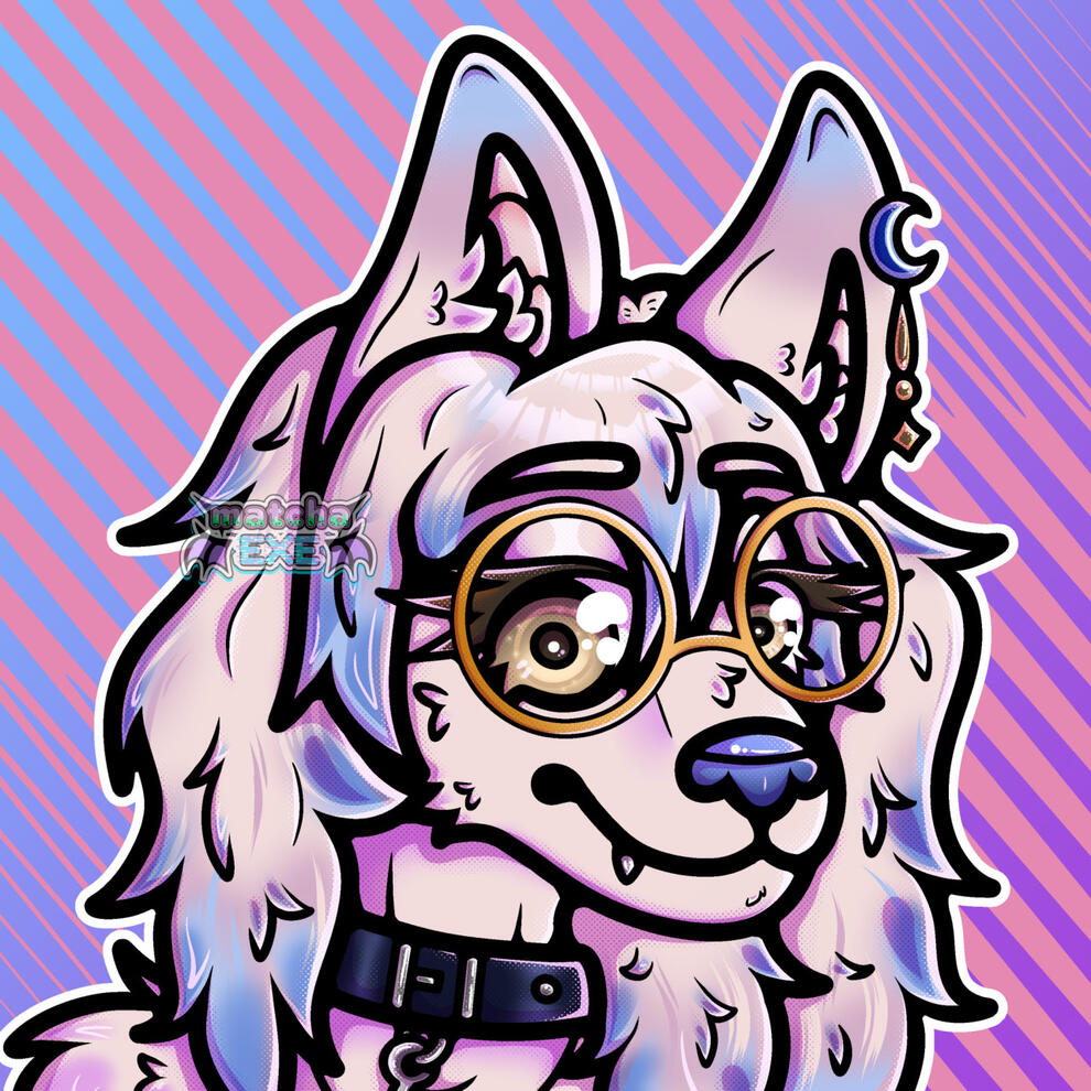 Neck-up digital art of a wolf girl with long white hair and white fur. Her hair tips are a light blue that fades to a dusty purple. She has bangs covering her forehead. There is a gold and blue moon earring in her left ear as well as golden glasses on her