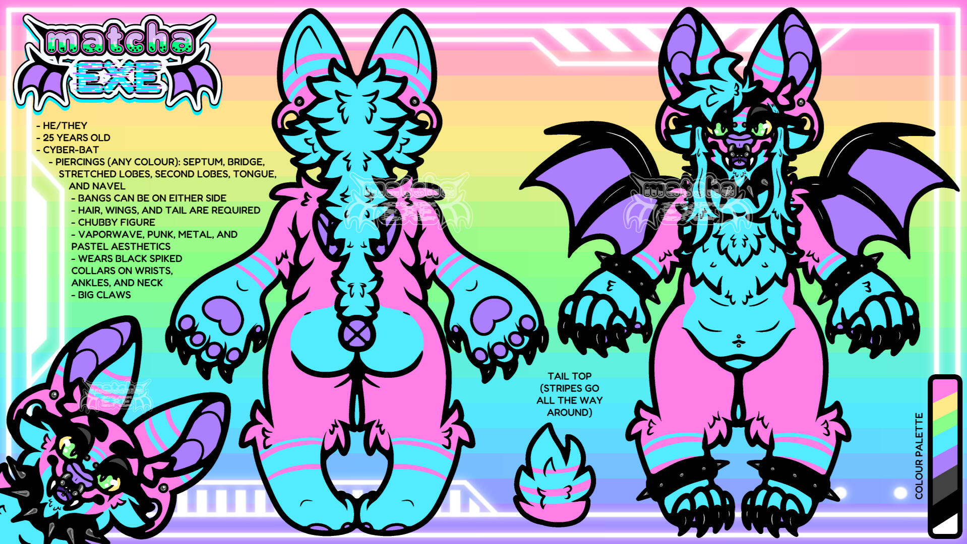 A digital art reference sheet of an anthropomorphic bat. There is a symmetrical front, back, and headshot view of the character. The bat has pink fur with blue stripes around their front and back paws. They have a blue stomach as well as blue hair. Their
